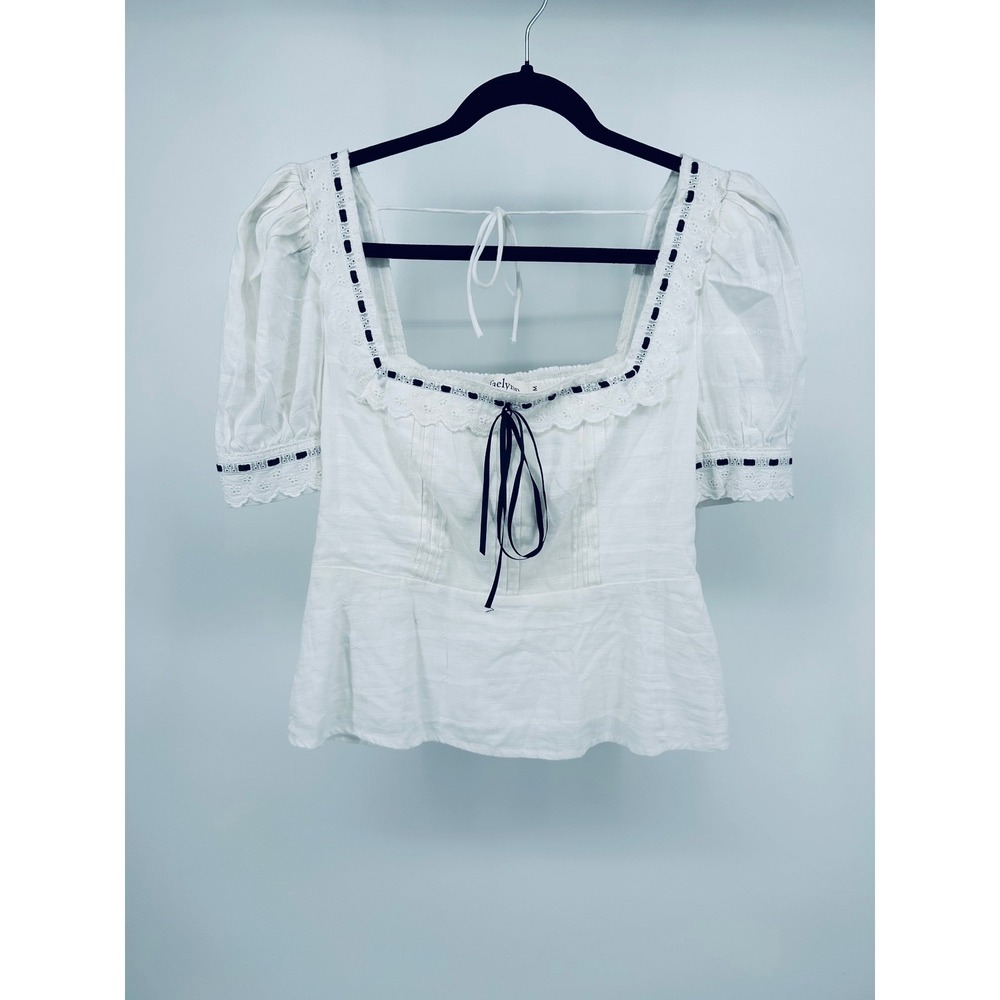 Taelynn White Eyelet Lace Peplum Blouse Black Ribbon Trim Smocked Back Size M